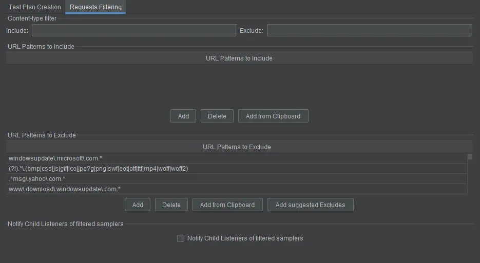 Tab &ldquo;Requests Filtering&rdquo; del componente &ldquo;HTTP(S) Test Script Recorder&rdquo; in JMeter