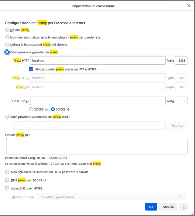 Configurazione del proxy in Firefox